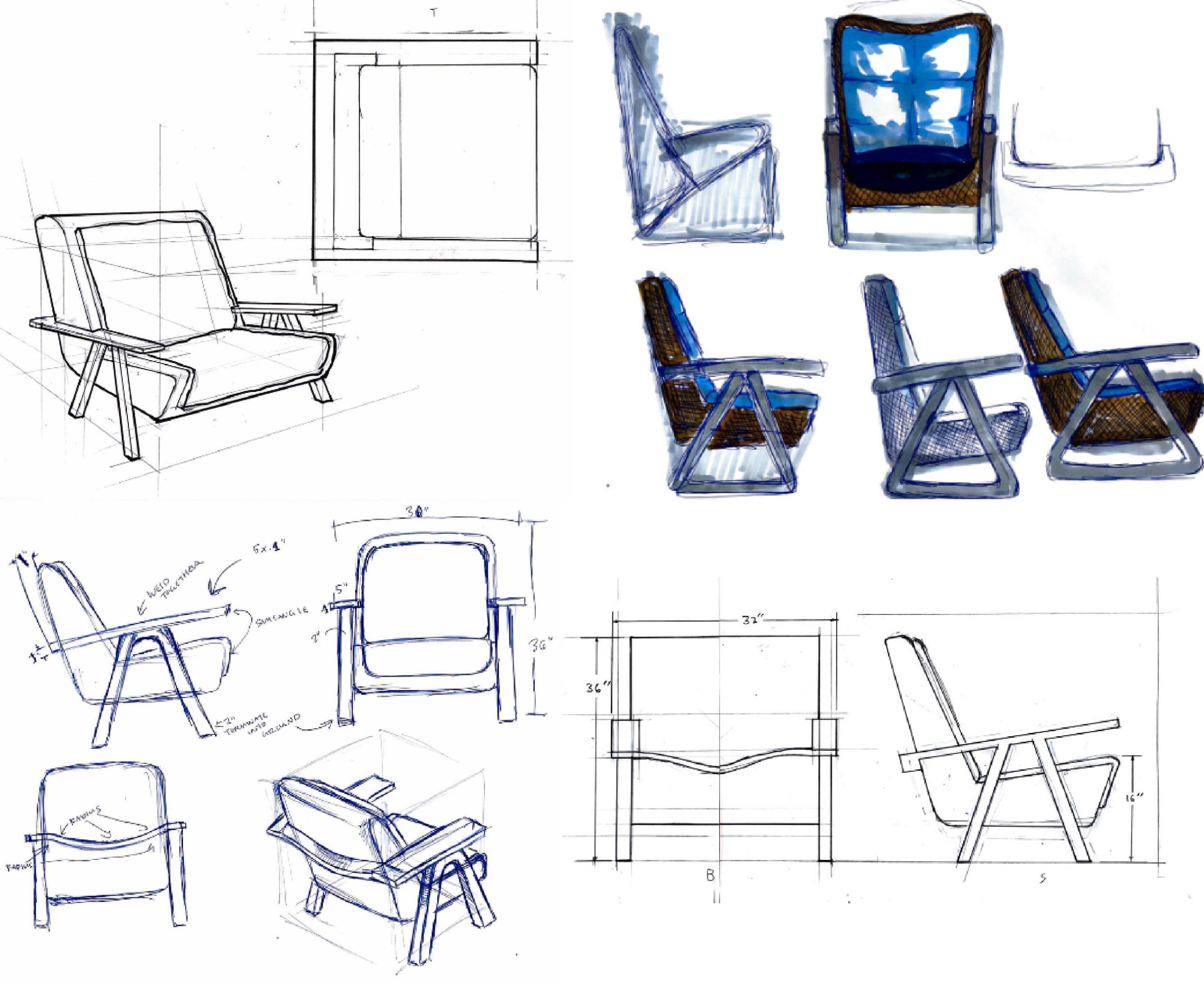 Collection of hand-drawn and digital sketches showing different views, angles, and measurements of a modern armchair design.